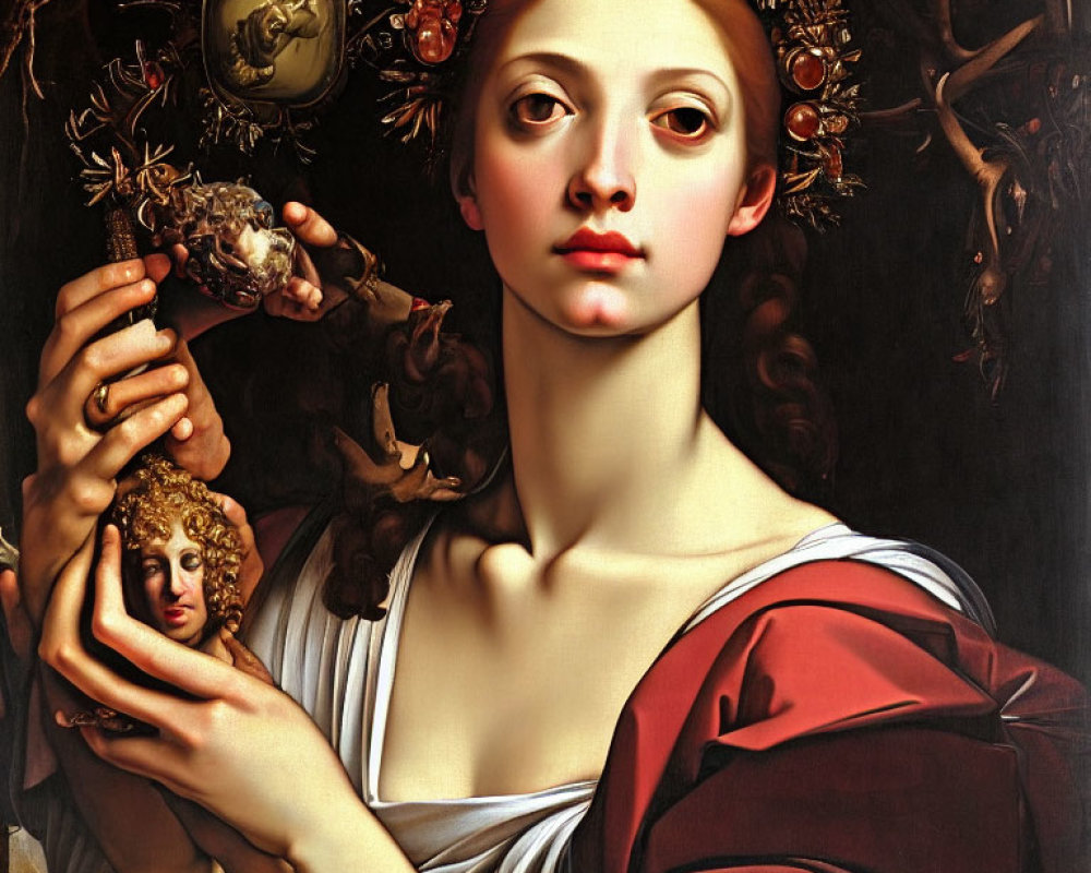 Serene woman with fruit garland holding sculpture on dark background