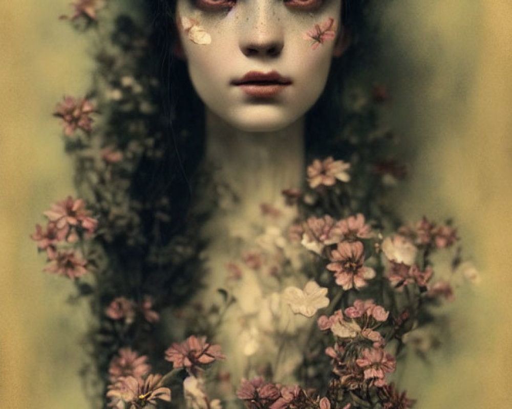 Portrait of person with pale skin and dark hair adorned with flowers, exuding mystical vibe
