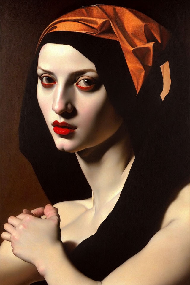 Portrait of woman with pale skin, red lips, striking eyes, black garment, orange headscarf