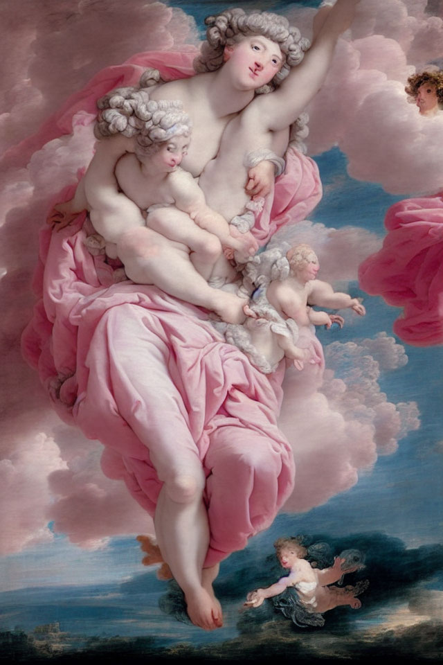 Baroque-style painting of ethereal woman with cherubs in pink drapery