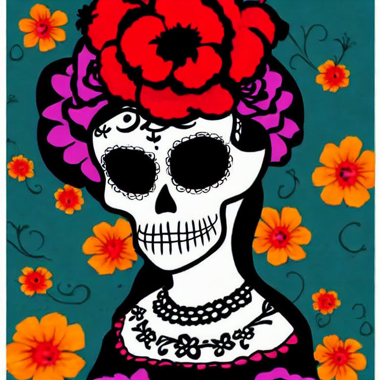 Stylized skull with floral headwear on turquoise background inspired by Mexican Day of the Dead