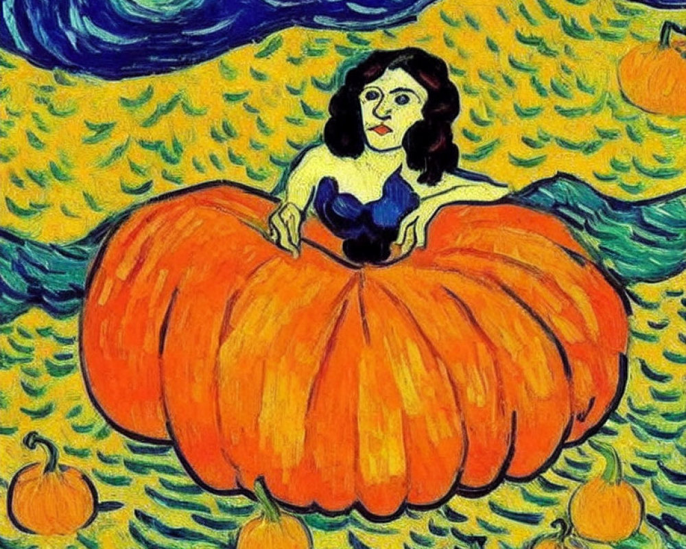 Stylized illustration: Woman emerging from pumpkin in swirling background