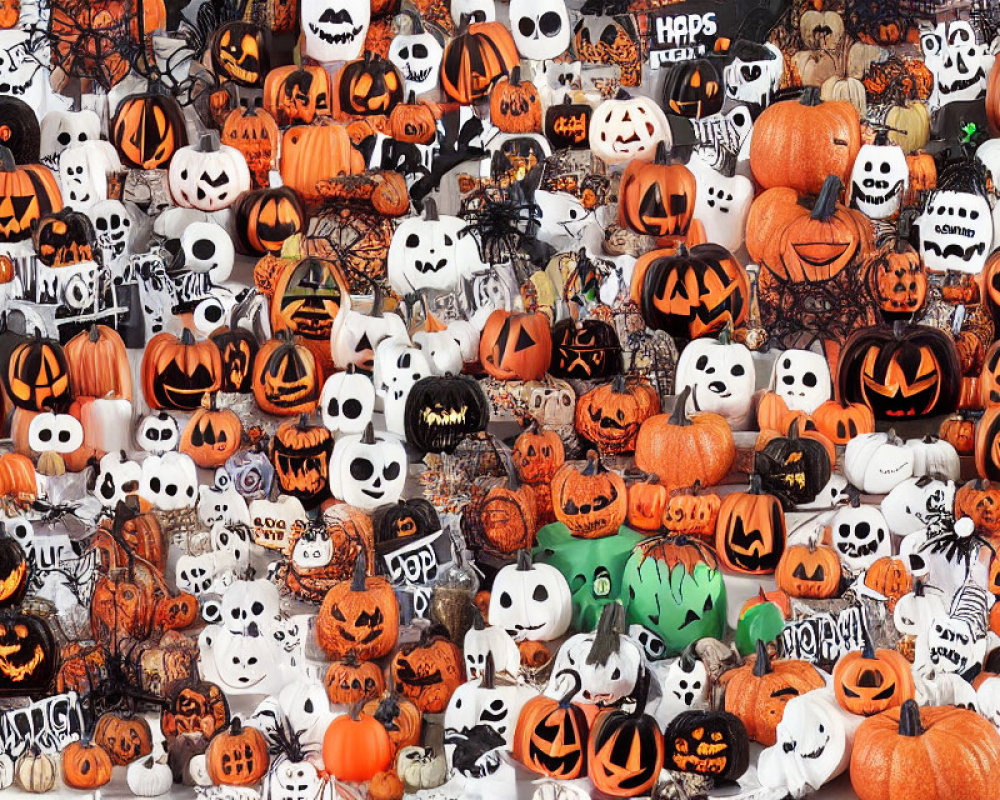 Assorted Halloween Decorations with Carved Pumpkins and Skeleton Figures