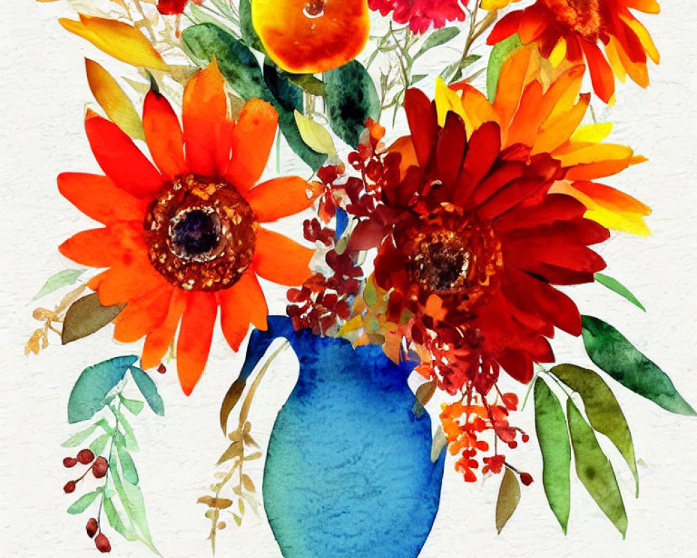 Colorful Watercolor Painting of Bouquet with Orange Flowers and Oranges in Blue Vase