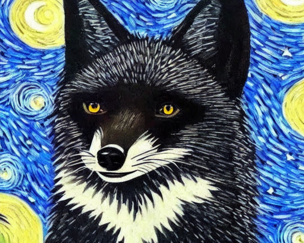 Black and White Fox Painting with Yellow Eyes on Starry Night Background