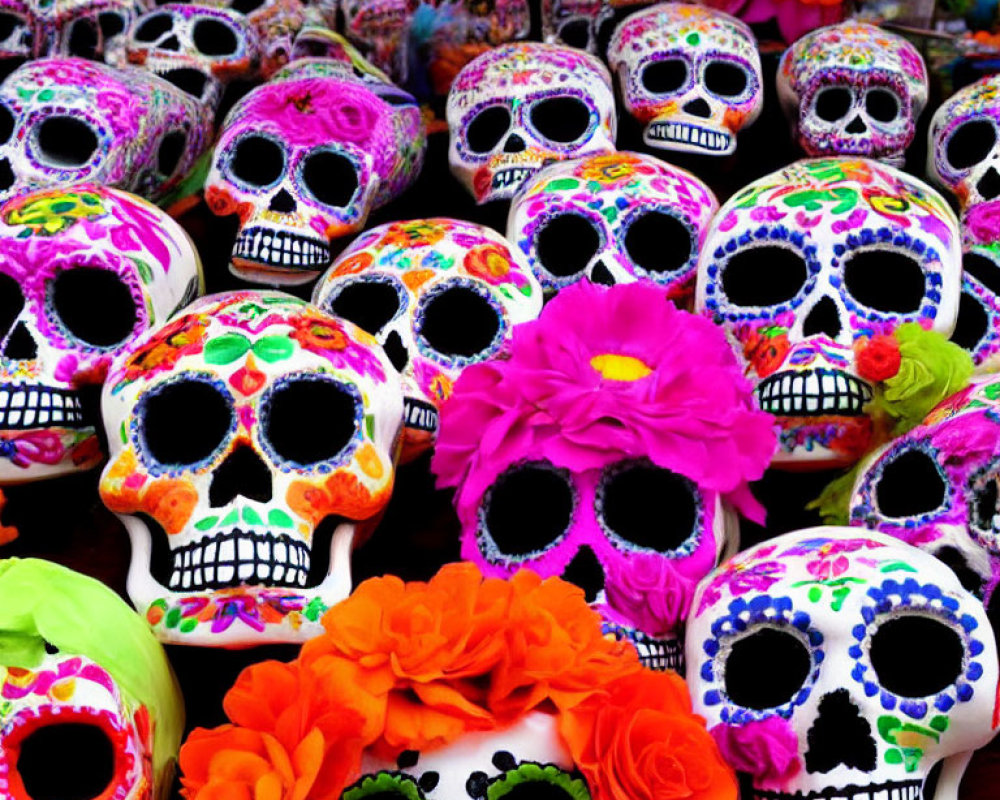 Vibrant Day of the Dead skulls with colorful floral decorations