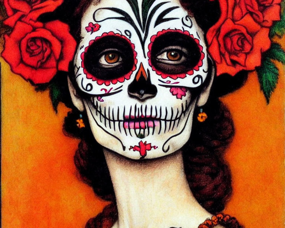 Person with Catrina face paint and red roses on orange background
