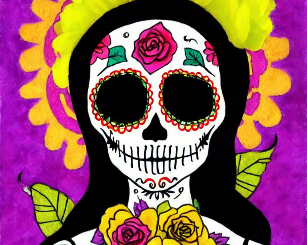 Vibrant Floral Calavera Skull Illustration for Día de Muertos