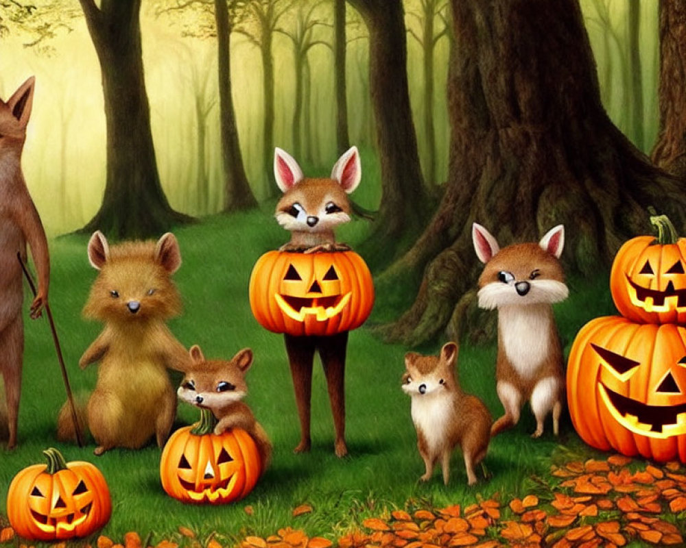 Forest scene with anthropomorphic foxes and squirrels among jack-o'-lanterns
