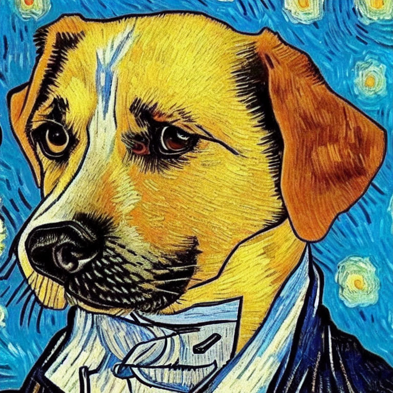 Digitally altered image of a dog in human clothing on Van Gogh-esque background