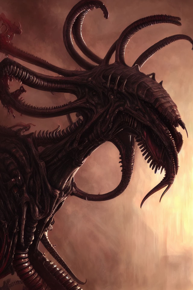Dark dragon with spiraling horns on murky background