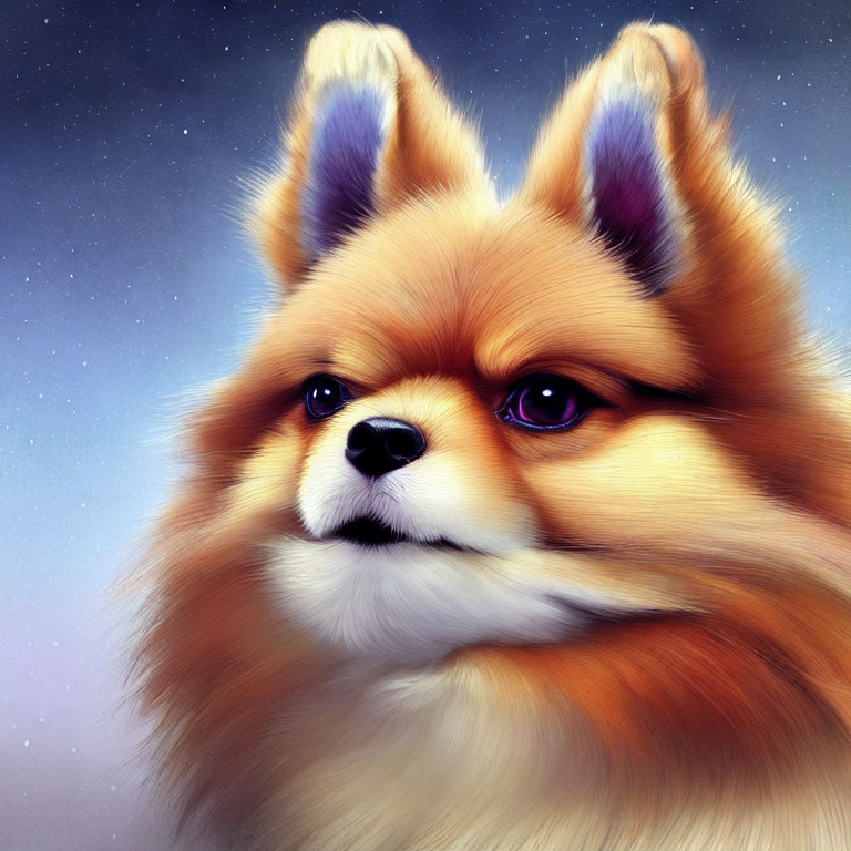 Whimsical Pomeranian Illustration with Sparkling Eyes on Starry Background