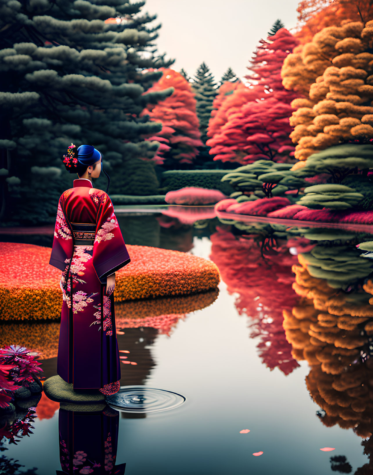 Person in red kimono by serene pond with autumn foliage.