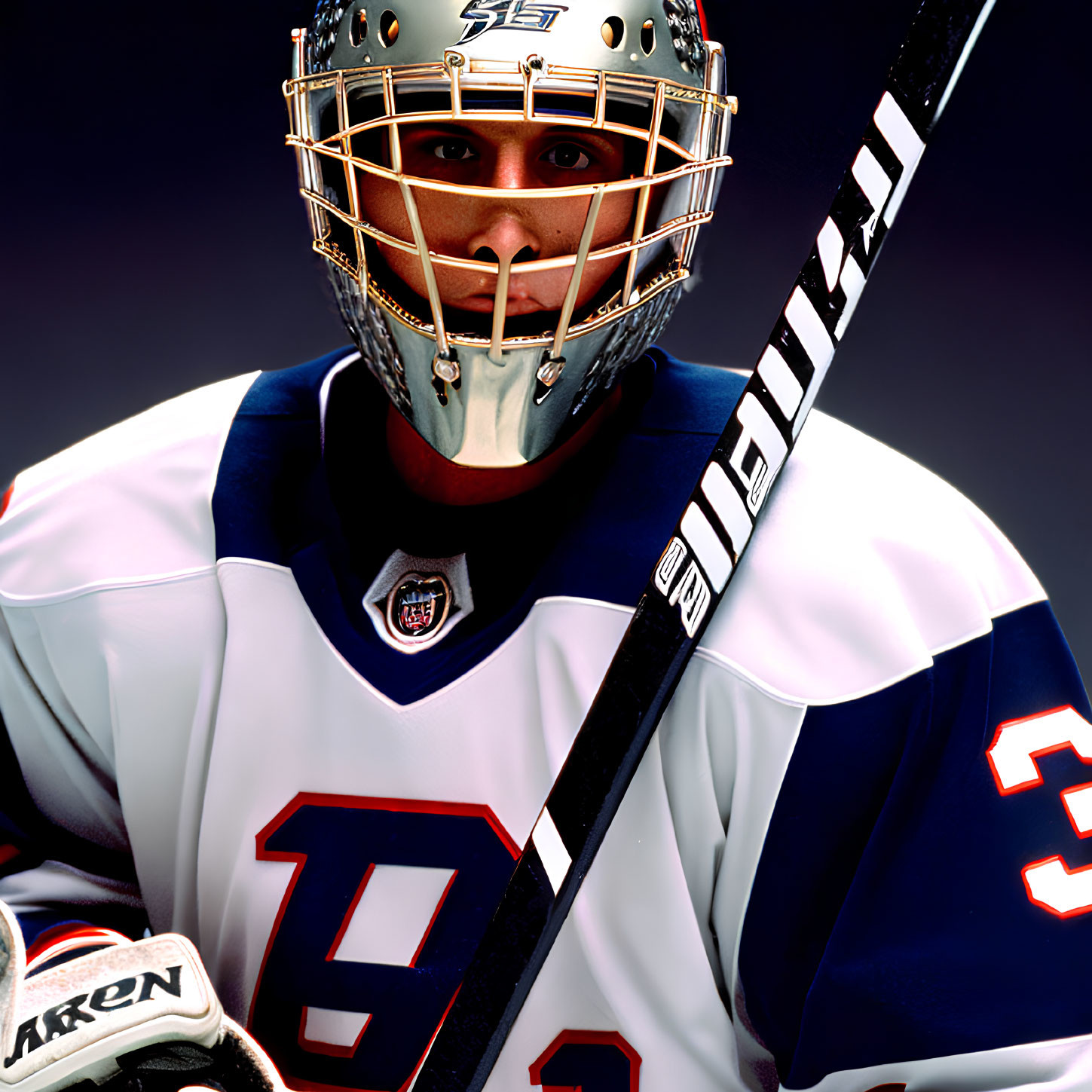 White Jersey Hockey Player Number 35 Holding Stick and Gazing at Camera