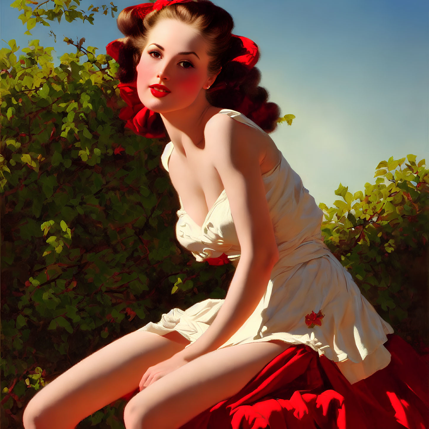 Vintage-style illustration of woman with dark hair, red accessories, green foliage backdrop, white dress.
