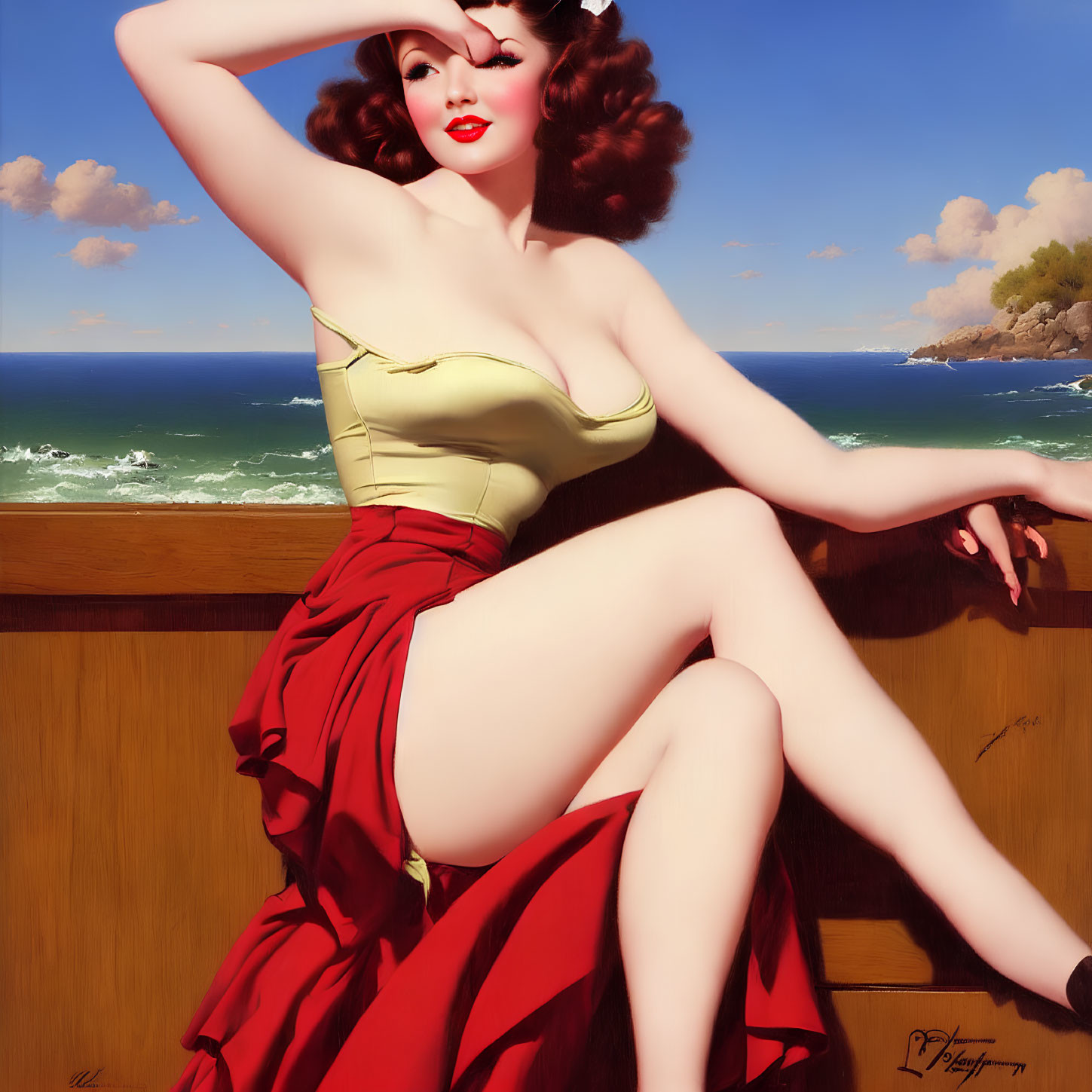 Vintage-Style Painting of Glamorous Woman by Seaside Railing