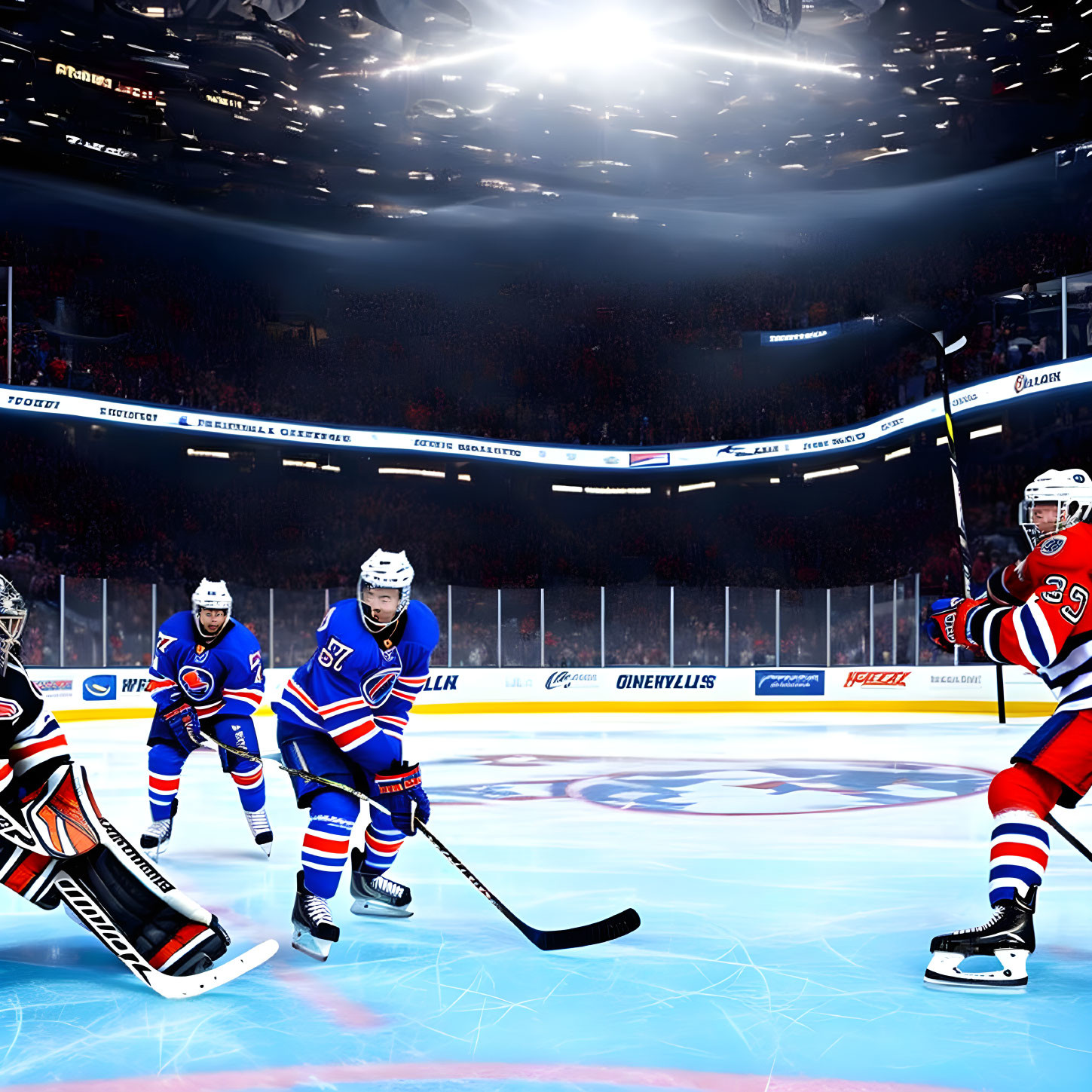 Ice Hockey Match: Players in Blue and Red Jerseys, Spectators in Stands