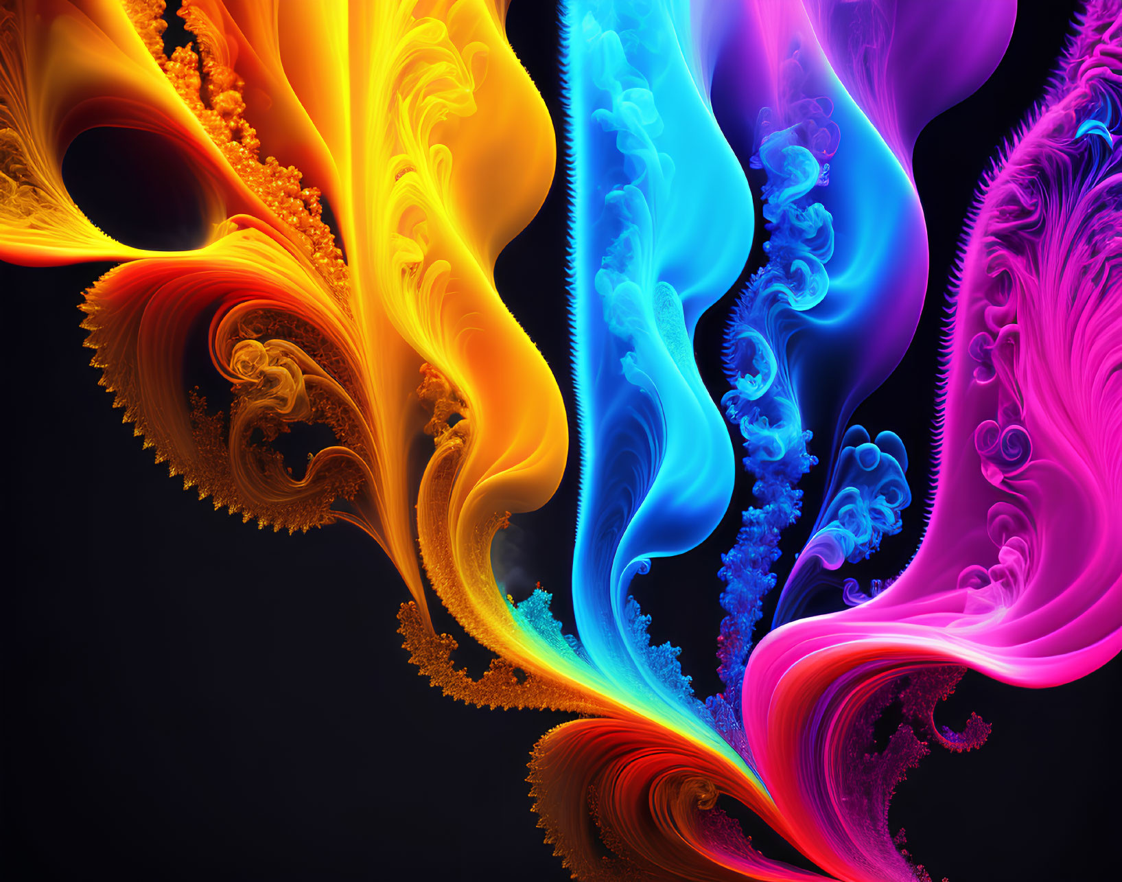 Colorful Abstract Fractal Art: Rainbow Swirls on Black Background