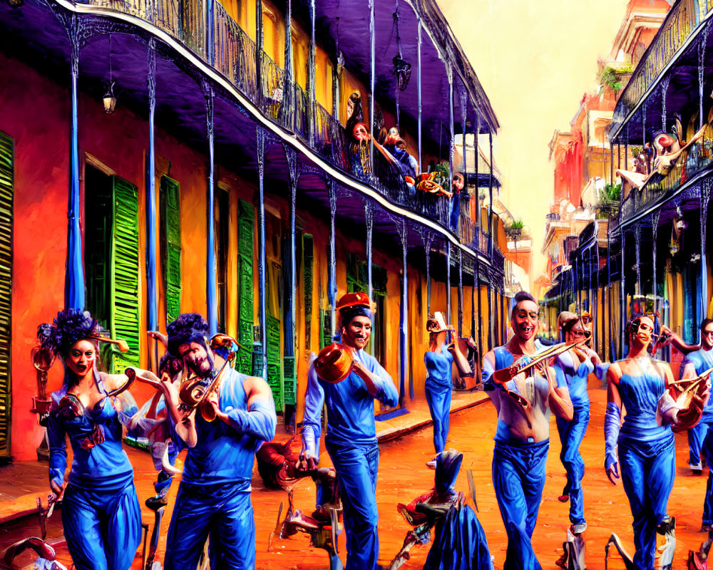 Colorful street scene with performers in blue costumes and face paint playing flutes