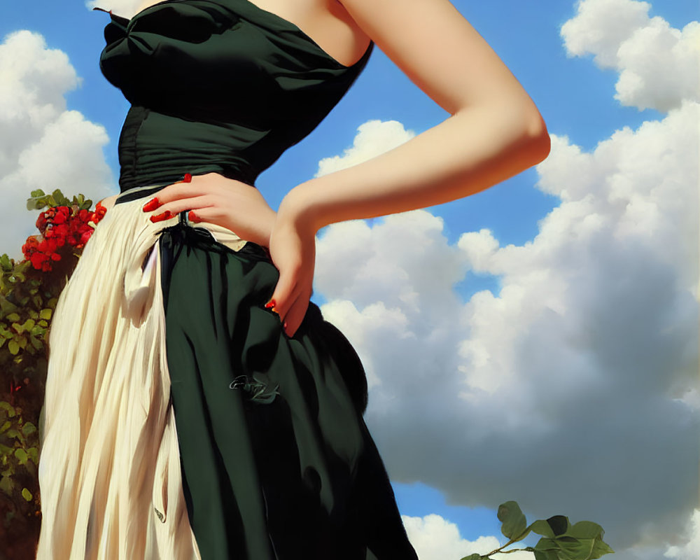 Vintage-style illustration of woman in green dress against cloudy sky
