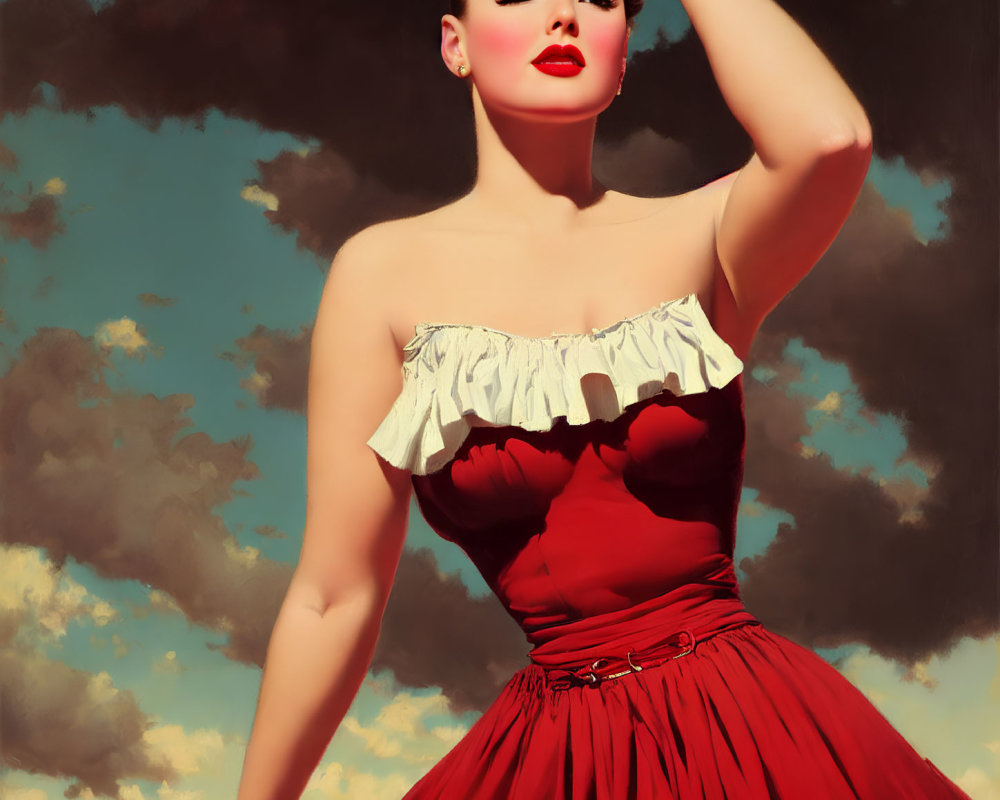 Vintage-style portrait of woman in red dress against dramatic sky.