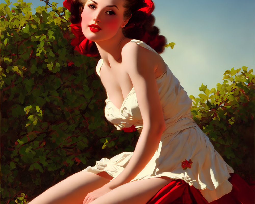 Vintage-style illustration of woman with dark hair, red accessories, green foliage backdrop, white dress.