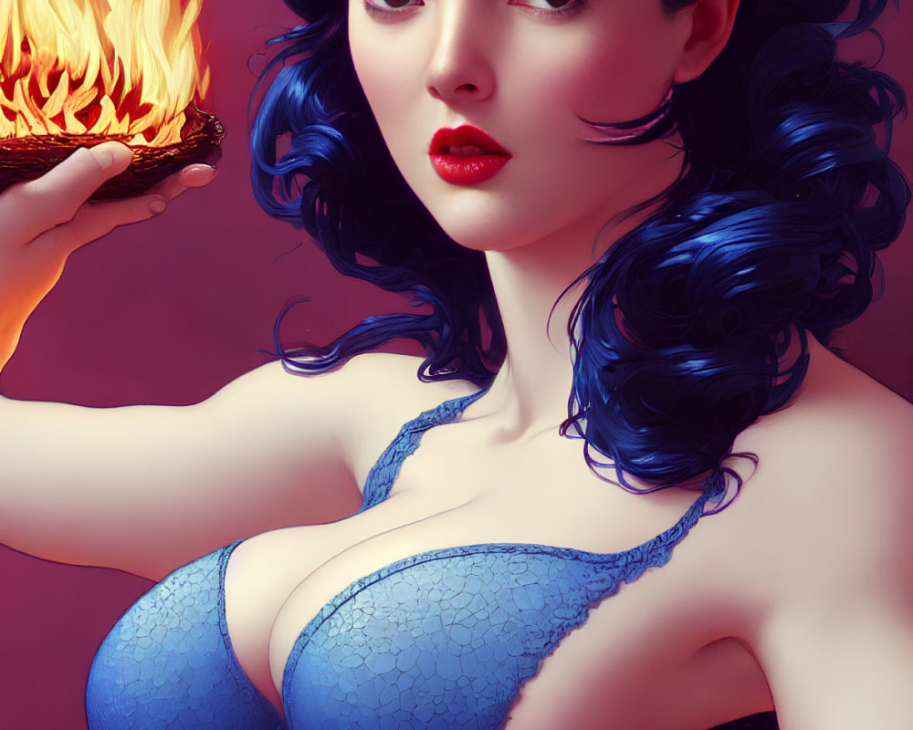 Illustration of woman with blue hair and red lipstick holding flame on red background