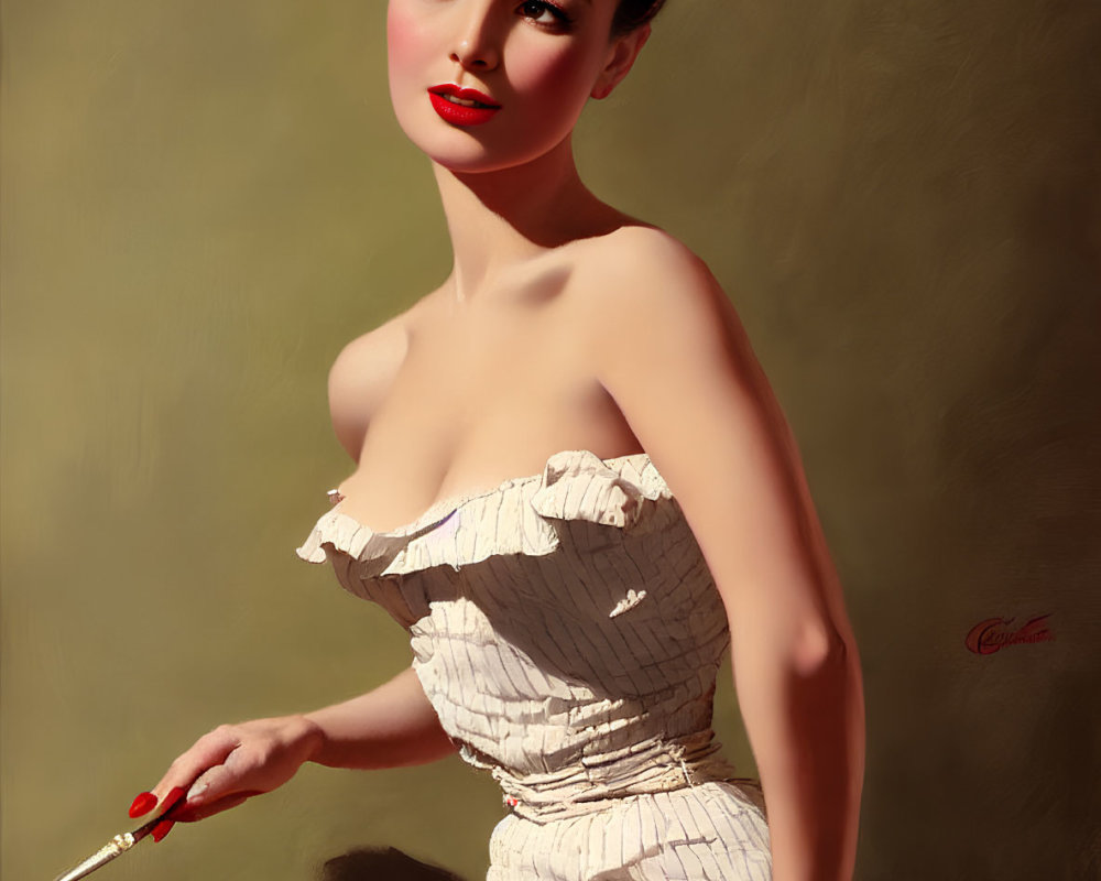 Vintage portrait of woman with updo hairstyle and off-shoulder dress.
