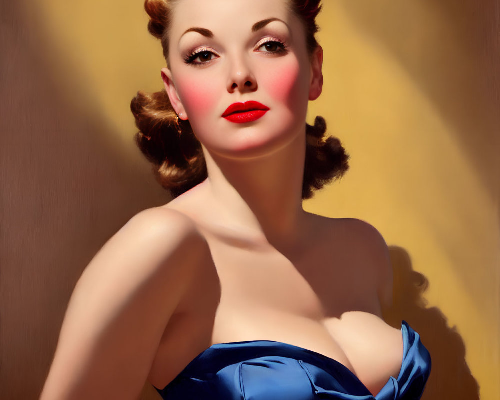 Stylized portrait of woman in 1940s style with blue dress