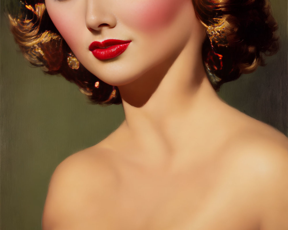 Portrait of a Woman with Curled Brunette Hair and Red Lipstick