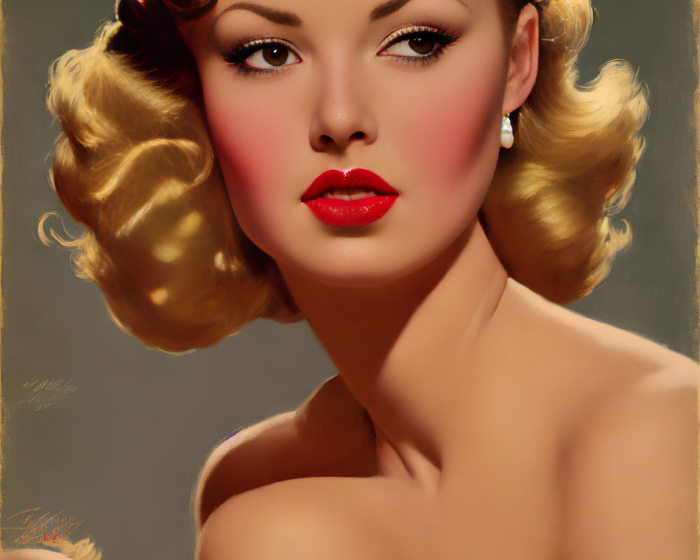 Vintage portrait of woman with curly blonde hair and red lipstick