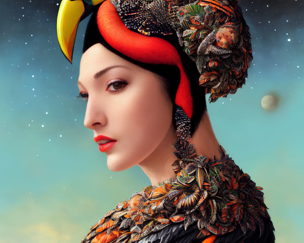 Surreal portrait of a woman with bird-like headdress and vibrant feathers against starry sky
