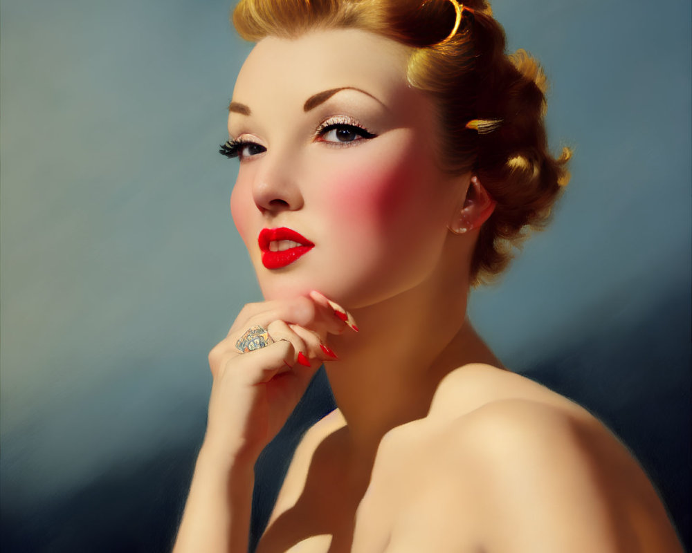Vintage Style Portrait of Woman with Elegant Hairstyle and Striking Red Lipstick