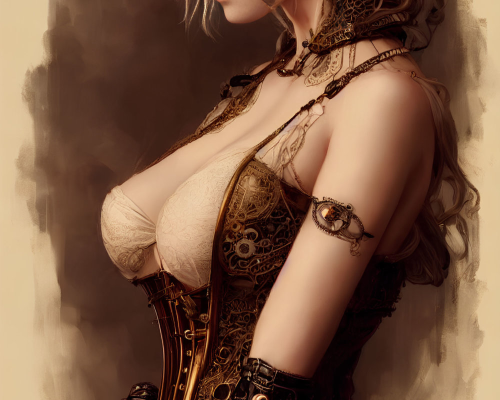 Steampunk-style woman with mechanical prosthetic and intricate jewelry.