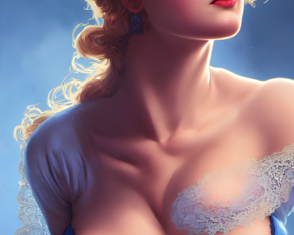 Illustrated portrait of a woman with blonde curls and red lipstick in blue lace corset.
