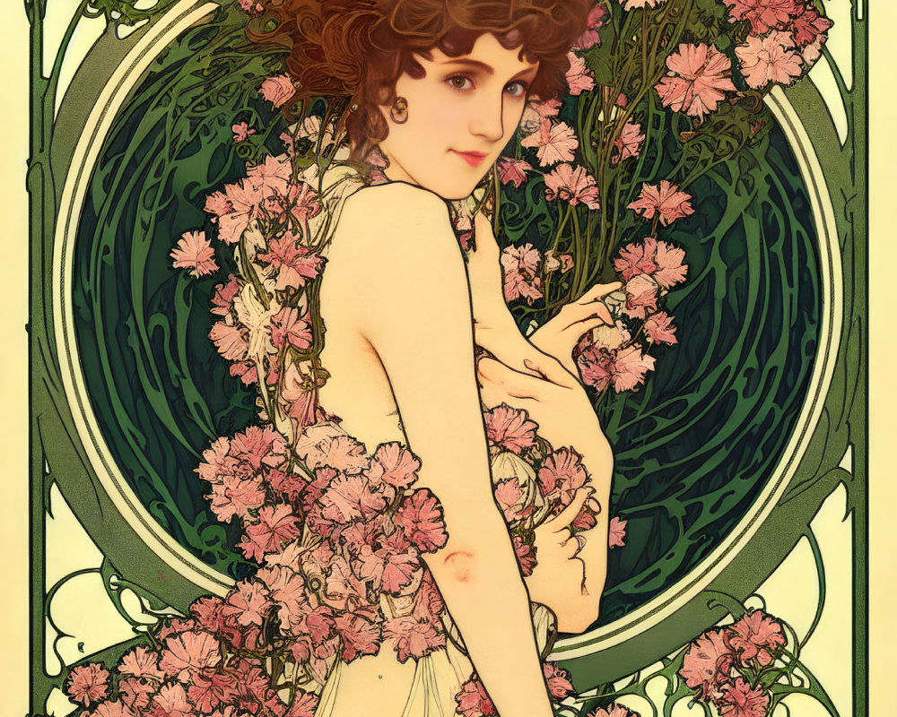 Art Nouveau Woman Illustration with Flowing Hair and Pink Flowers