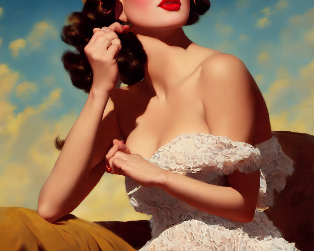 Vintage-style image of woman with red lipstick and curled hair against blue sky.