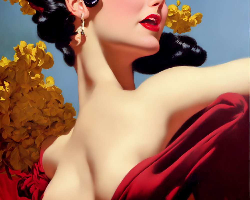 Vintage portrait of a woman in red lipstick and dress with yellow flower background