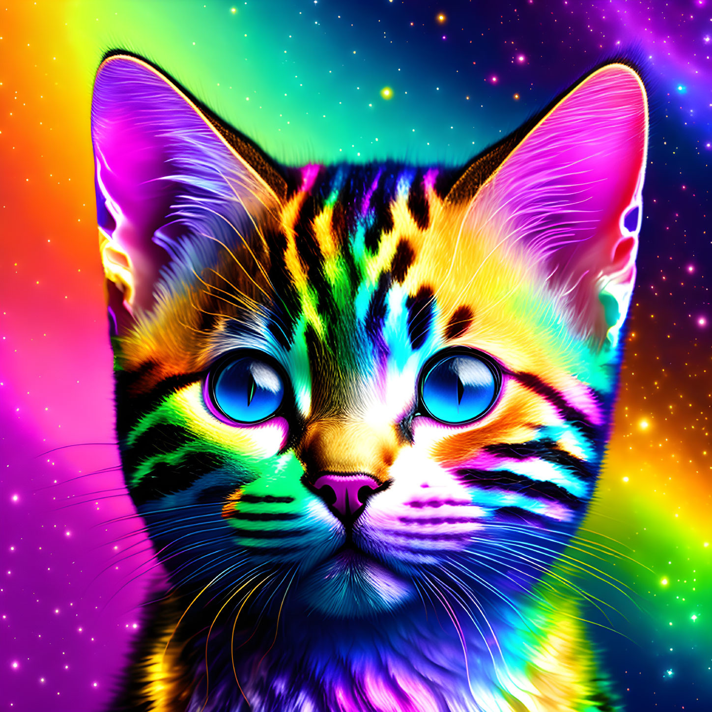 Colorful Cat Artwork with Expressive Blue Eyes on Neon Rainbow Background