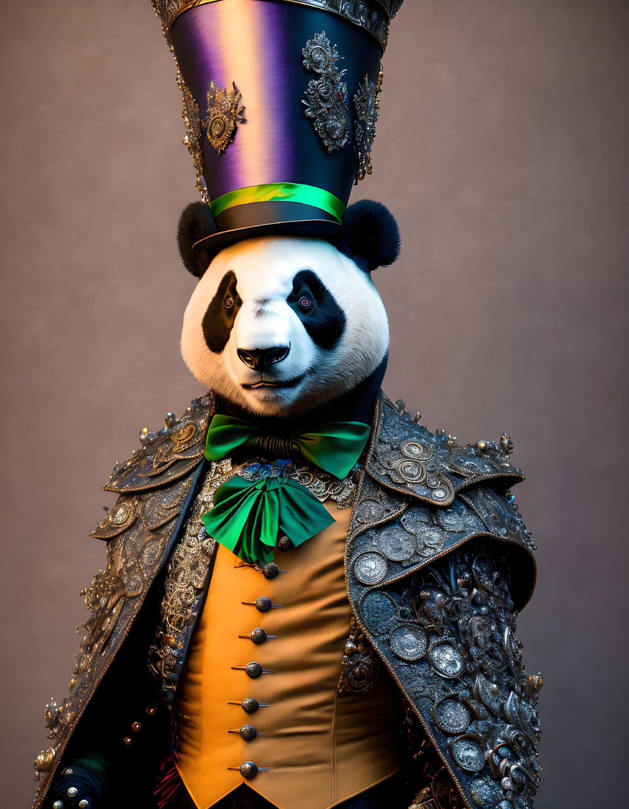 Elaborate Panda Costume with Top Hat and Ornate Coat on Brown Background