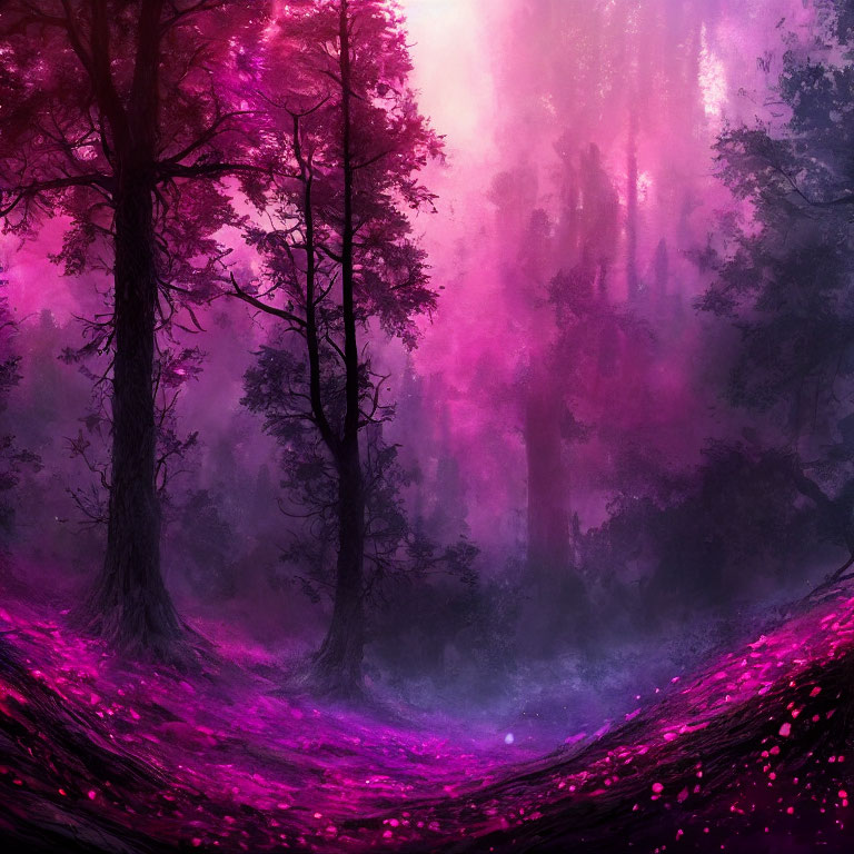 Mystical Purple Forest with Ethereal Light and Pink Foliage