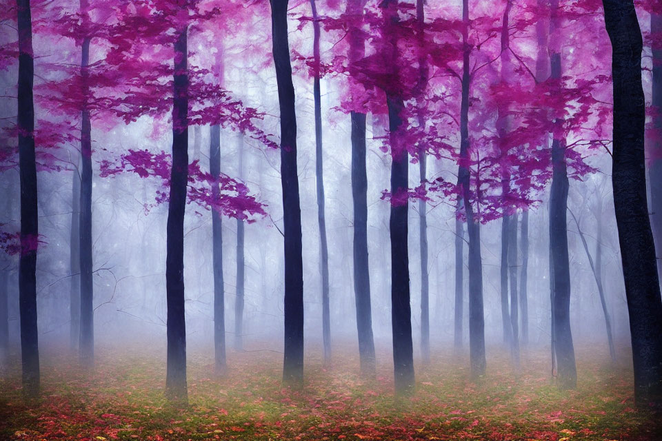 Enchanting misty forest with vibrant pink foliage and fallen leaves