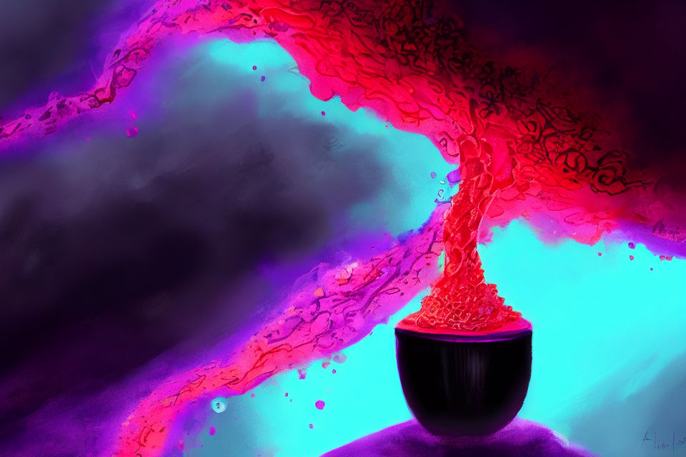 Colorful digital artwork: Dark bowl with red liquid splash on purple-blue backdrop
