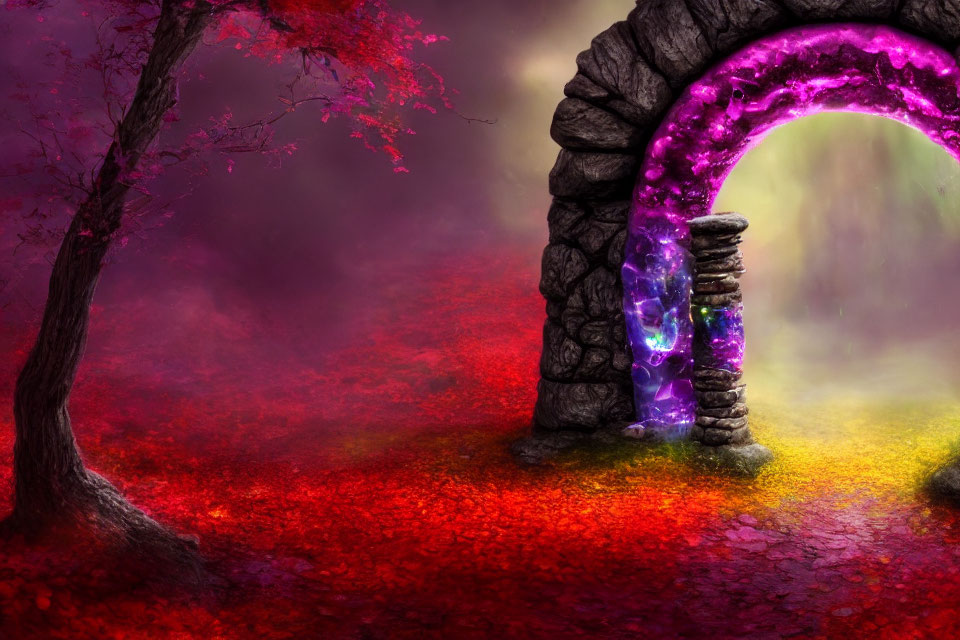 Mystical arch with glowing purple edges in red and purple forest