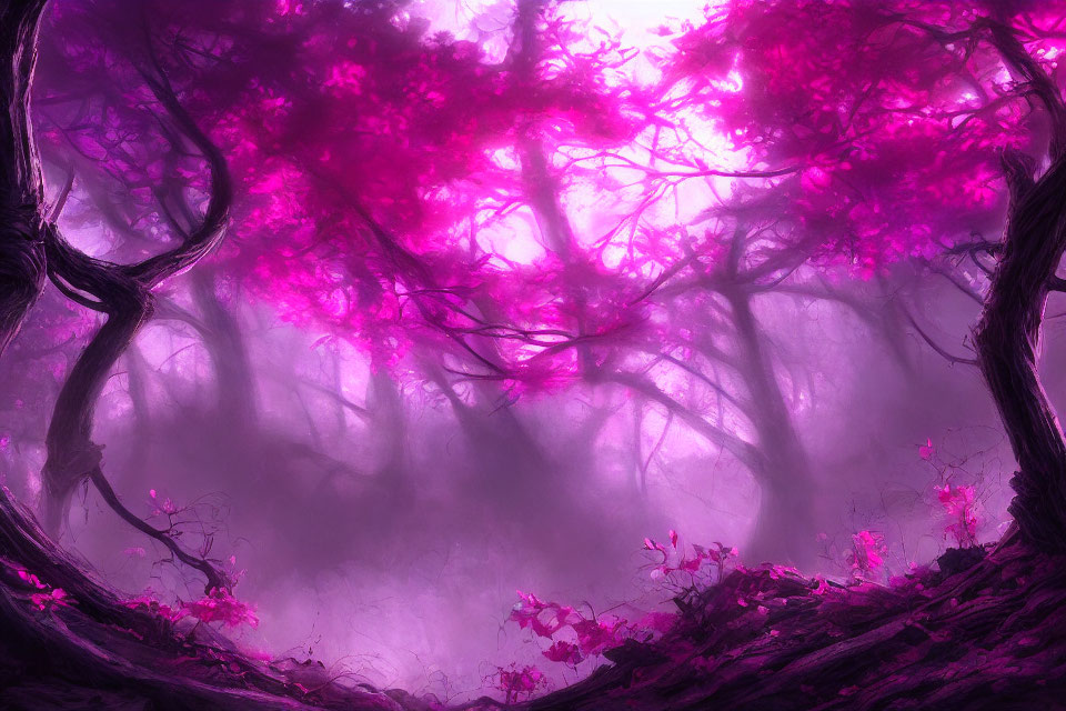 Misty forest with twisted trees and pink foliage