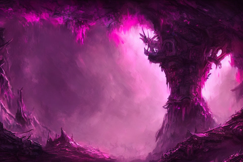 Dark purple tree-like structure in vivid fantasy landscape under pink sky
