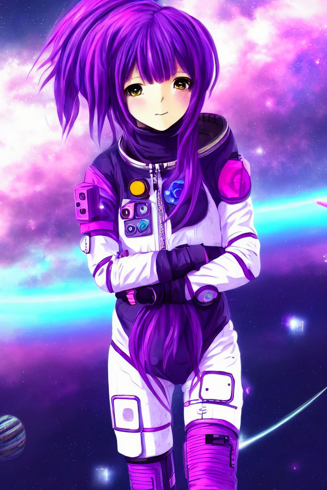 Purple-haired anime girl in space suit with cosmic background.