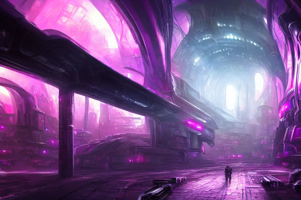 Futuristic purple cityscape with glowing towers and lone figure