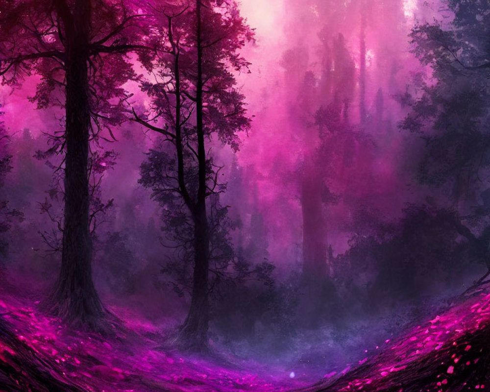 Mystical Purple Forest with Ethereal Light and Pink Foliage