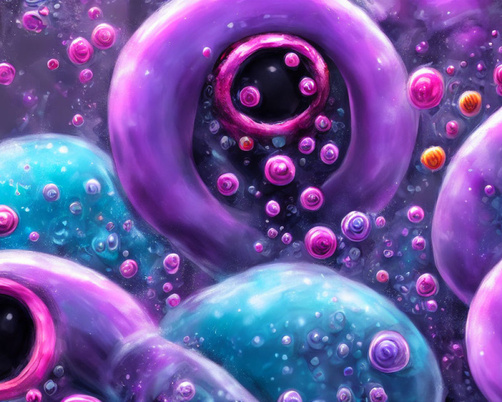 Colorful digital painting of glossy orbs in purple and blue with bubbles and swirling patterns